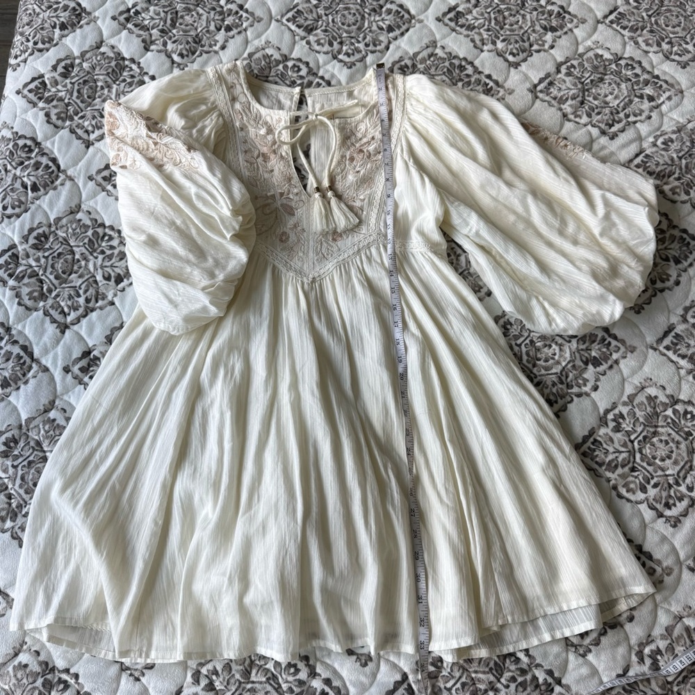 Anthropologie Cream and Brown Embroidered Bohemian balloon sleeve dress XS - Picture 10 of 17